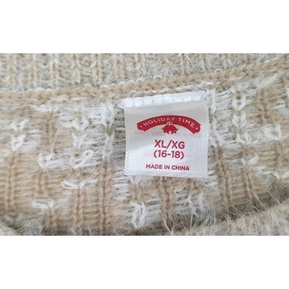 Holiday Time Christmas Winter‎ Holiday Sweater Fuzzy Snowflake Tan Red White XL